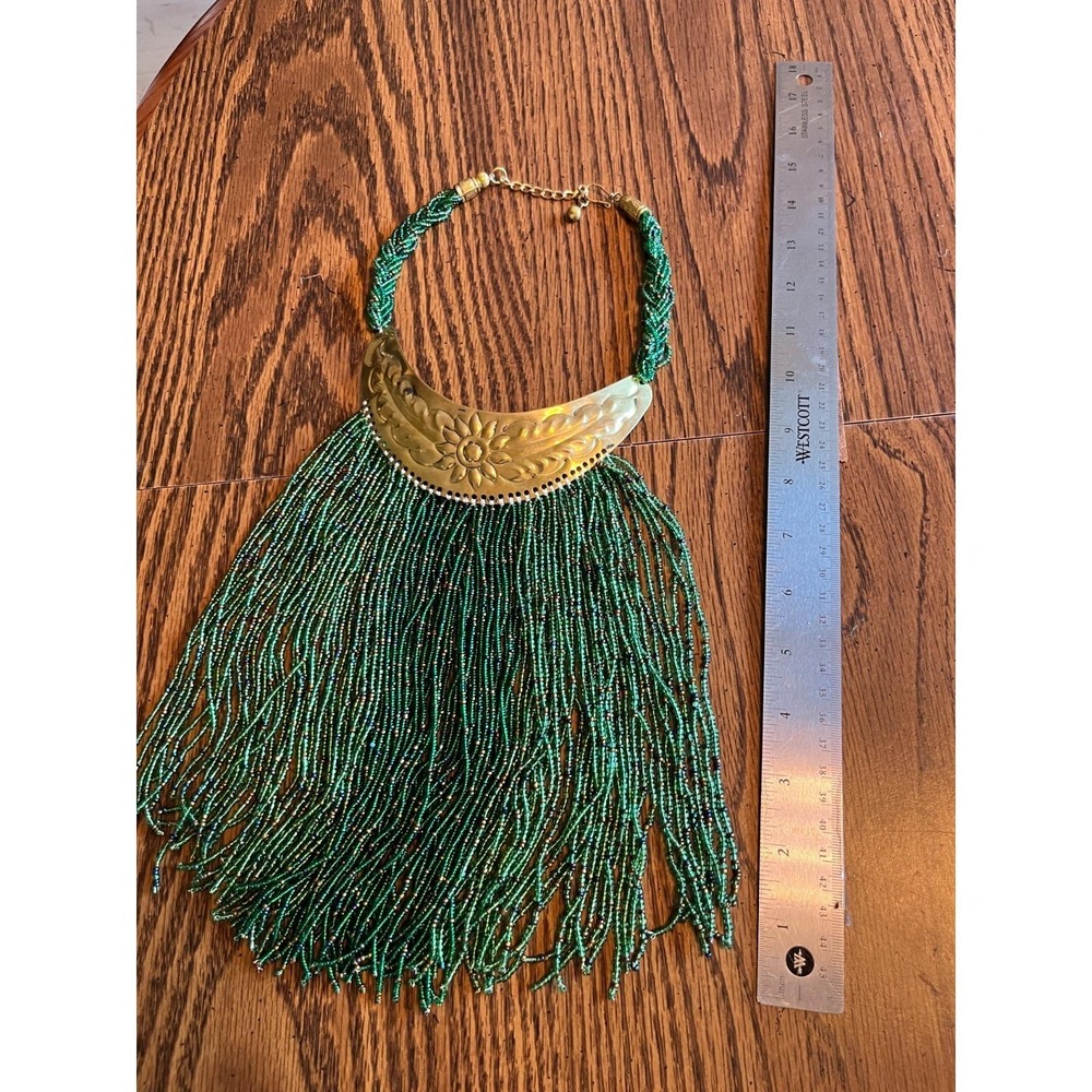 BOHO Vintage Tribal Brass NECKLACE Green Glass Seed Beads, Fancy Floral Pattern